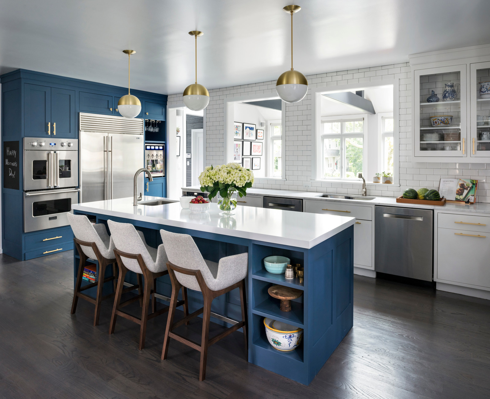 Benjamin Moore Van Deusen Blue Tall Cabinetry And Island Paired With Benjamin Moore Chantilly Lace White Kitchen Cabinets For A Mid Century Look 